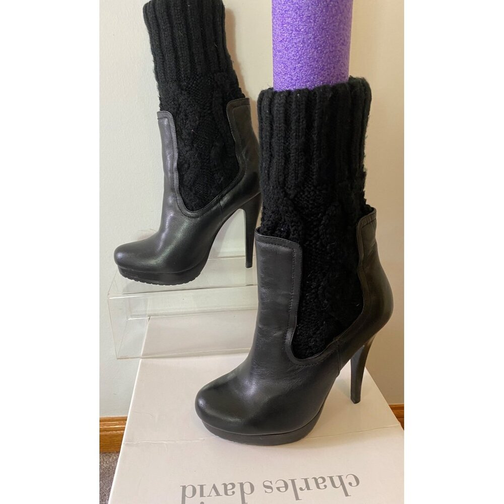 Charles David Black Leather & Knit Boots Stiletto Heels Size 7.5 - Picture 2 of 9